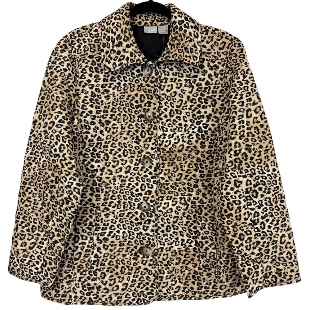 Chico’s Cream & Black Leopard Pattern Quilted Button-Up Jacket Size 2 LG
